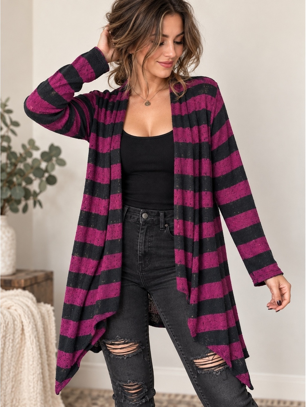 Hot Ginger Womens M Black Magenta Striped Open Front Cardigan Waterfall Hem